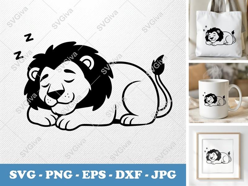 Lion SVG Sleeping | Cute Lion EPS, DXF, PNG for Cricut & Silhouette | Cartoon Animal Cut File, Nursery Decor
