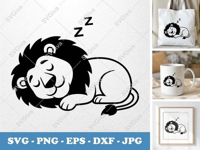 Lion SVG, Sleeping Lion Cut File, Cute Napping Lion, Digital Download PNG EPS DXF for Cricut, Silhouette, Kids Nursery Decor