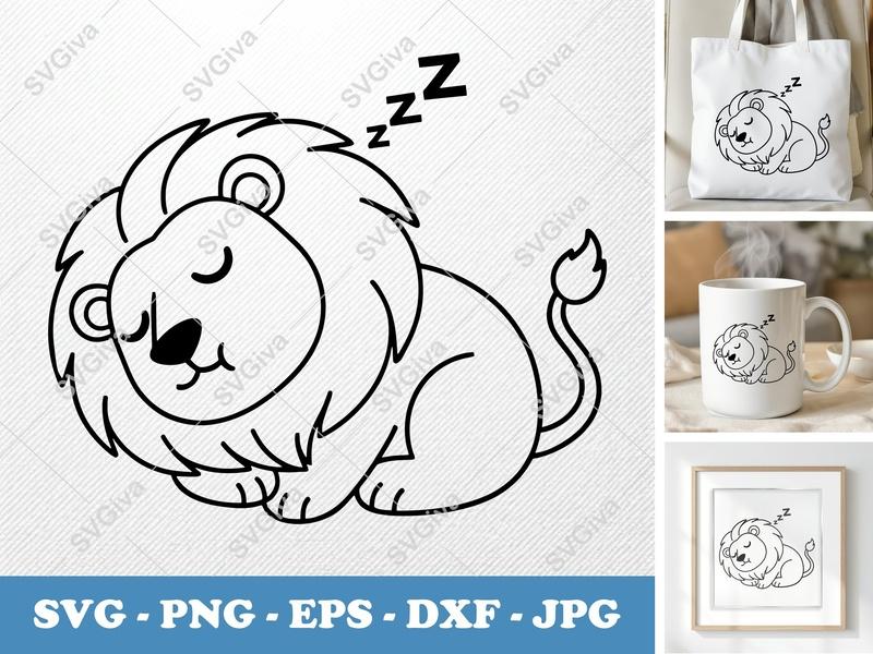 Lion SVG, Sleeping Lion, Cute Nursery Animal SVG, EPS, DXF, PNG for Cricut & Silhouette, Baby Shower Decor, Modern Safari