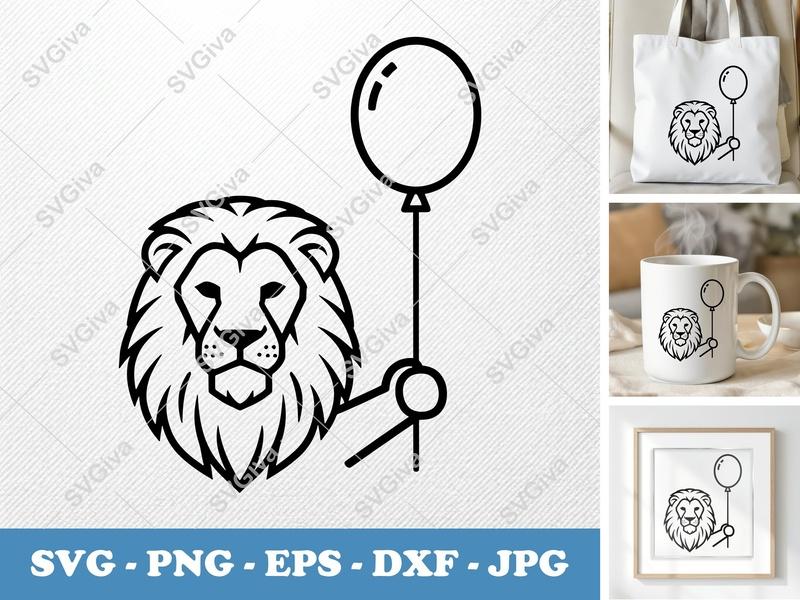 Lion SVG with Balloon | Modern Safari Animal Cut File | PNG EPS DXF for Cricut, Silhouette, Vector Art