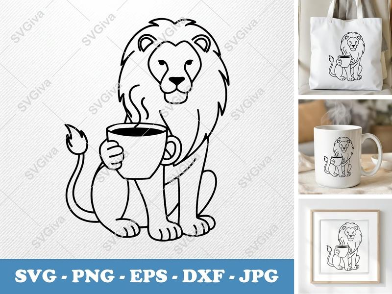 Lion SVG with Coffee Cup | Minimalist Cartoon | Bold Black Contour, Clean White Fill | PNG DXF EPS | Cricut Silhouette File