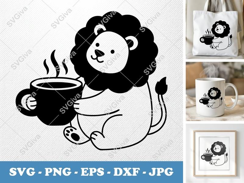 Lion SVG with Coffee Cup | Puffy Soft Forms | PNG DXF EPS | Cricut Silhouette | Animal Lover Gift