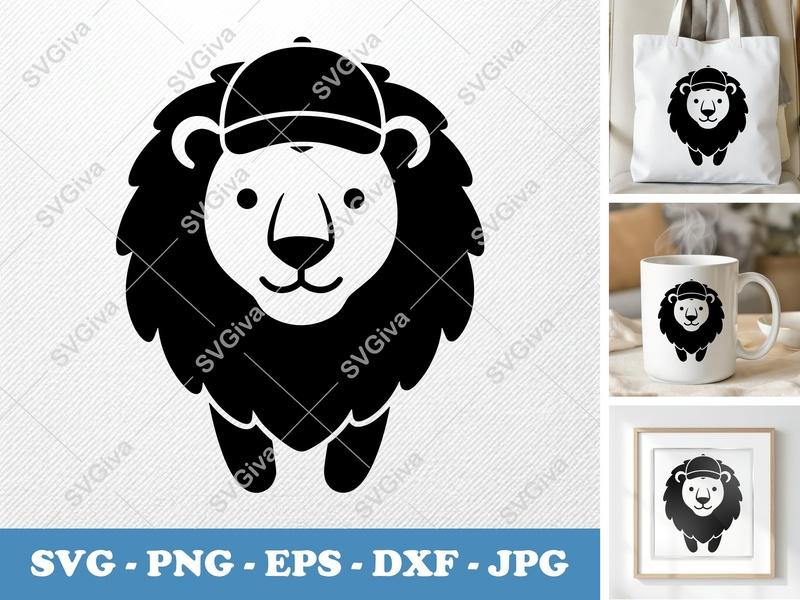 Lion SVG with Hat | Modern Animal Cut File, Cute King of Jungle Design | PNG EPS DXF for Cricut, Silhouette
