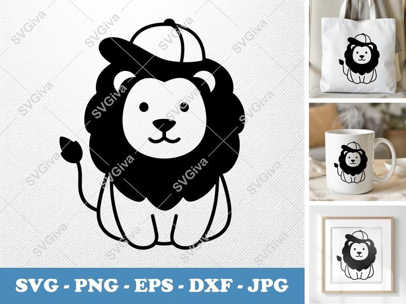 Lion SVG with Hat | Modern Animal Cut File for Cricut, Silhouette | Cute Lion EPS, PNG, DXF | Safari Nursery Decor