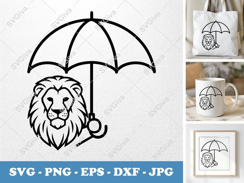 Lion Umbrella SVG | Modern Clean Line Art | PNG EPS DXF | Cricut Silhouette Cut File | Animal Head Outline