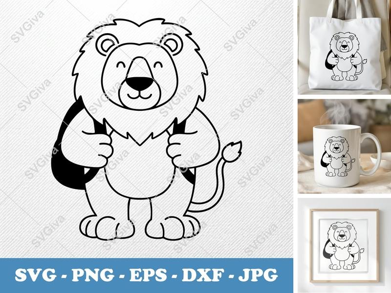 Lion Wearing Backpack SVG | Friendly Bean-Shaped Cut File | PNG DXF EPS | Cricut Silhouette Design