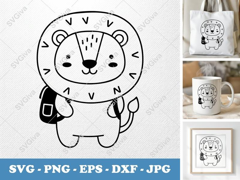 Lion Wearing Backpack SVG | Minimalist Vector Cut File | PNG DXF EPS for Cricut Silhouette