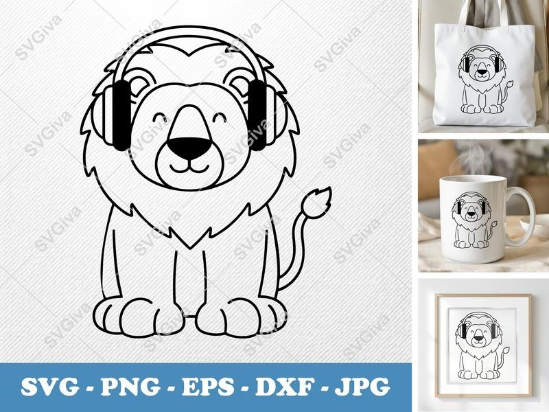Lion Wearing Headphones SVG | Friendly Bean-Shaped Forms | PNG DXF EPS | Cricut Silhouette Cut File