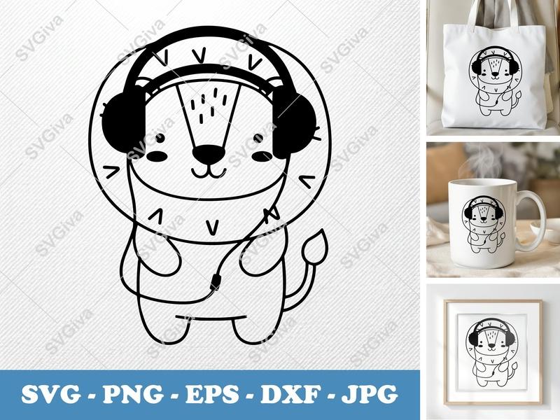 Lion Wearing Headphones SVG, Minimalist Bold Black Contour Clean White Fill, PNG DXF EPS, Cricut Silhouette Ready