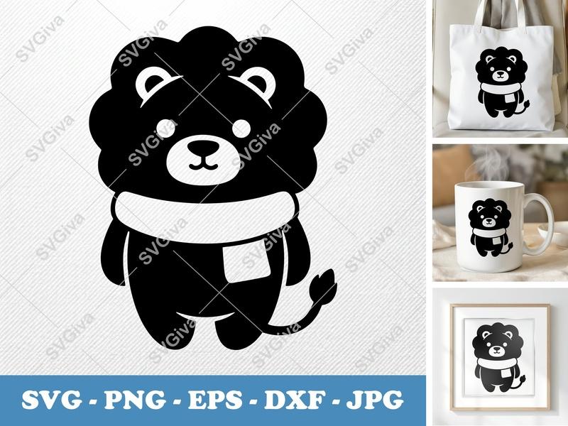 Lion Wearing Scarf SVG | Puffy Soft Forms Cut File | PNG DXF EPS for Cricut Silhouette