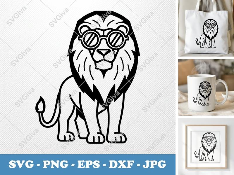 Lion Wearing Sunglasses SVG | Geometric Line Art | Double-Outline Design PNG DXF EPS | Cricut Silhouette File