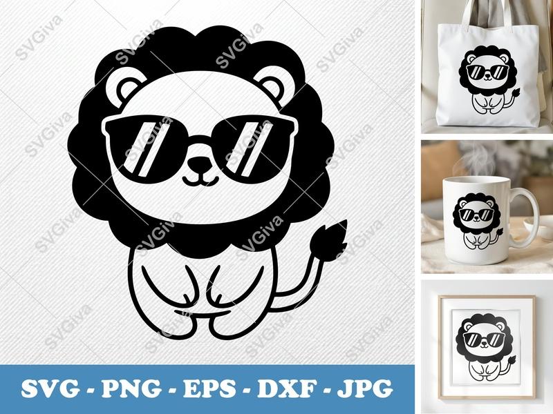 Lion Wearing Sunglasses SVG | Puffy Soft Shapes | Inflated Pillow Art | PNG DXF EPS | Cricut Silhouette File