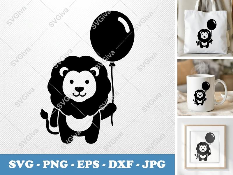 Lion with Balloon SVG PNG DXF EPS | Cute Animal Cut File for Cricut Silhouette | Kids Nursery Decor Vector