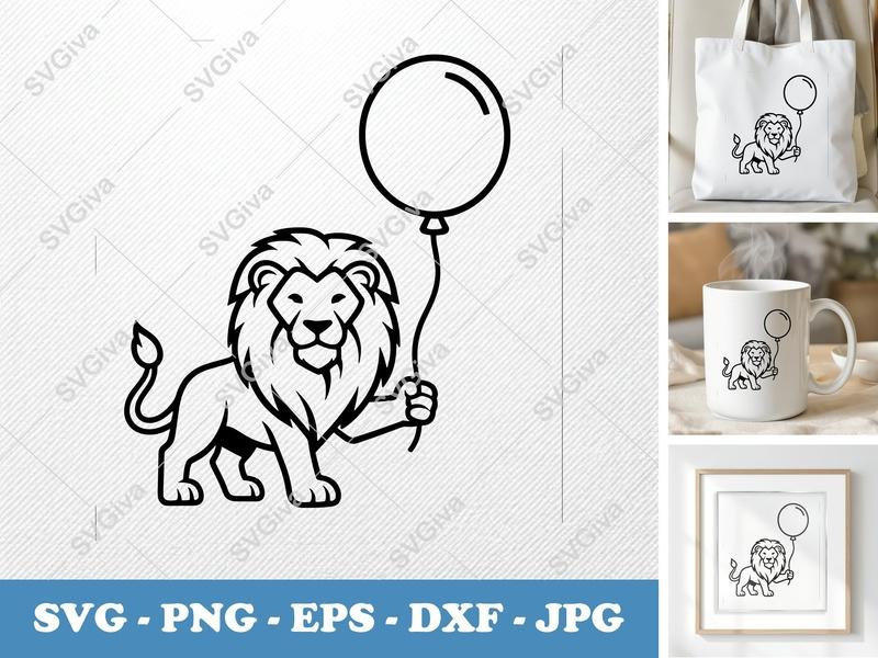 Lion with Balloon SVG PNG DXF EPS | Outline Lion Cut File for Cricut Silhouette | Animal Birthday Craft