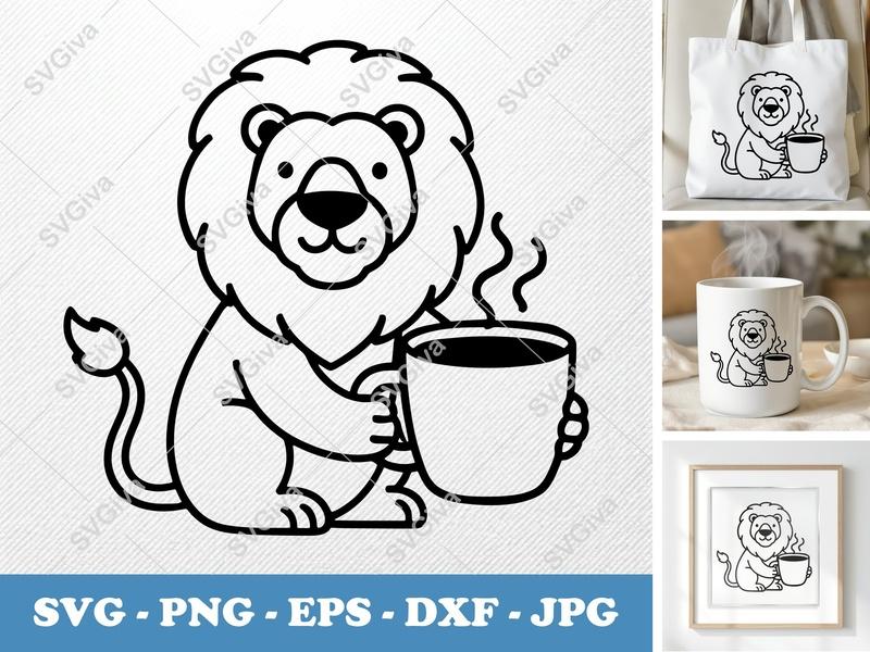 Lion with Coffee Cup SVG | Friendly Rounded Bean-Shaped Design | PNG DXF EPS | Cricut Silhouette File