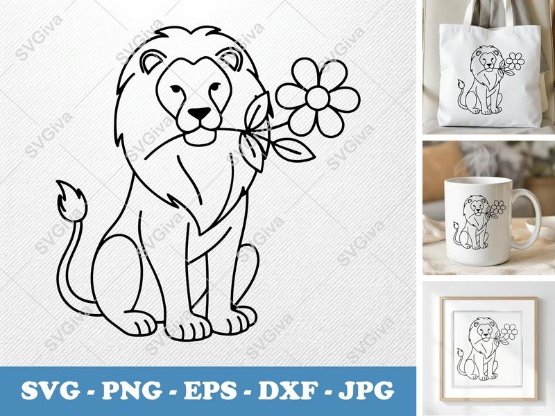 Lion with flower SVG | Bold Contour, Simple Character | PNG DXF EPS | Cricut Silhouette Cut File
