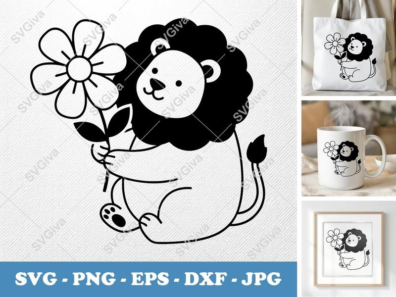 Lion with Flower SVG, Puffy Pillow-Soft Design | Cricut, Silhouette | PNG, DXF, EPS File