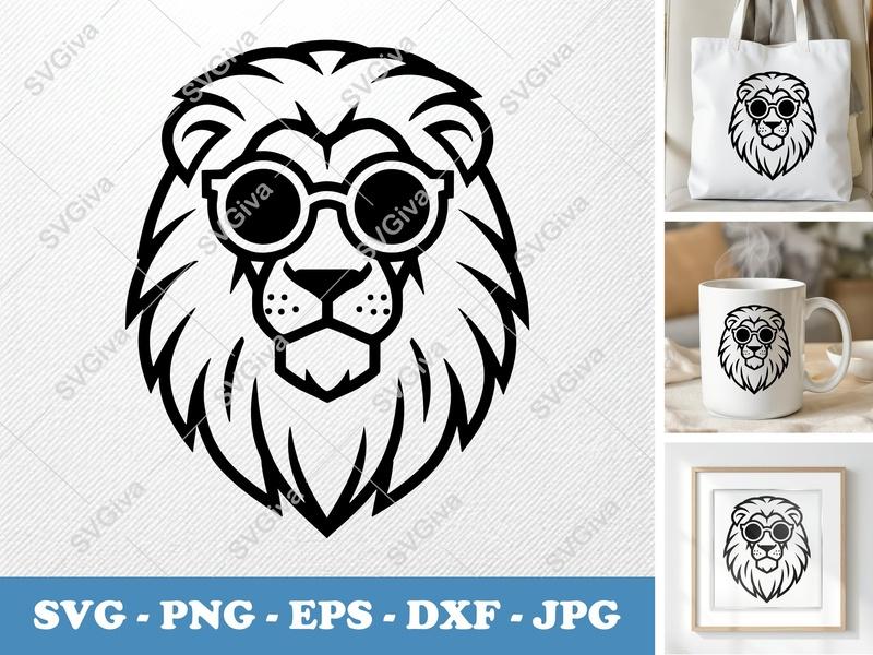 Lion with Glasses SVG | Cool Modern Lion Head PNG EPS DXF | Cricut & Silhouette Cut File | Safari Animal Vector Clipart