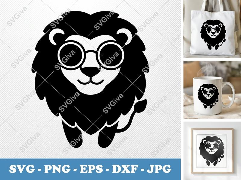 Lion with Glasses SVG | Modern Safari Animal Cut File | PNG EPS DXF for Cricut & Silhouette | Cute Lion Clipart