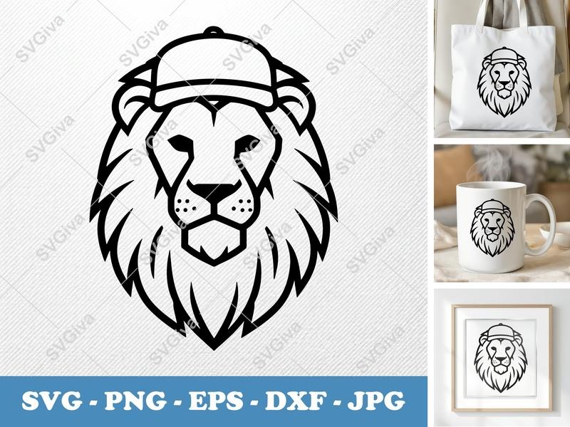 Lion with Hat SVG, Modern Face Cut File, Hipster Lion PNG EPS DXF for Cricut & Silhouette, Animal Vector Art