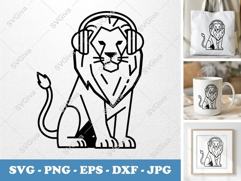Lion with Headphones SVG, Modern Musical Animal PNG EPS DXF | Cricut & Silhouette Cut File, Digital Download Design