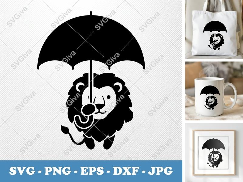 Lion with Umbrella SVG, PNG, EPS, DXF | Cute Cartoon Animal Cut File for Cricut, Silhouette | Modern Design