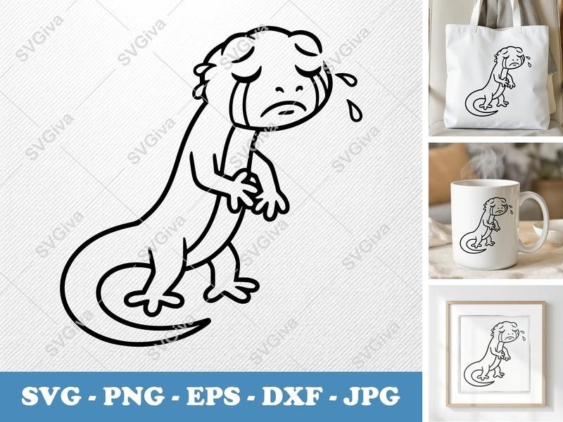 Lizard Crying SVG, Sad Gecko Cut File, Reptile Outline | PNG EPS DXF for Cricut, Silhouette | Modern Animal Art