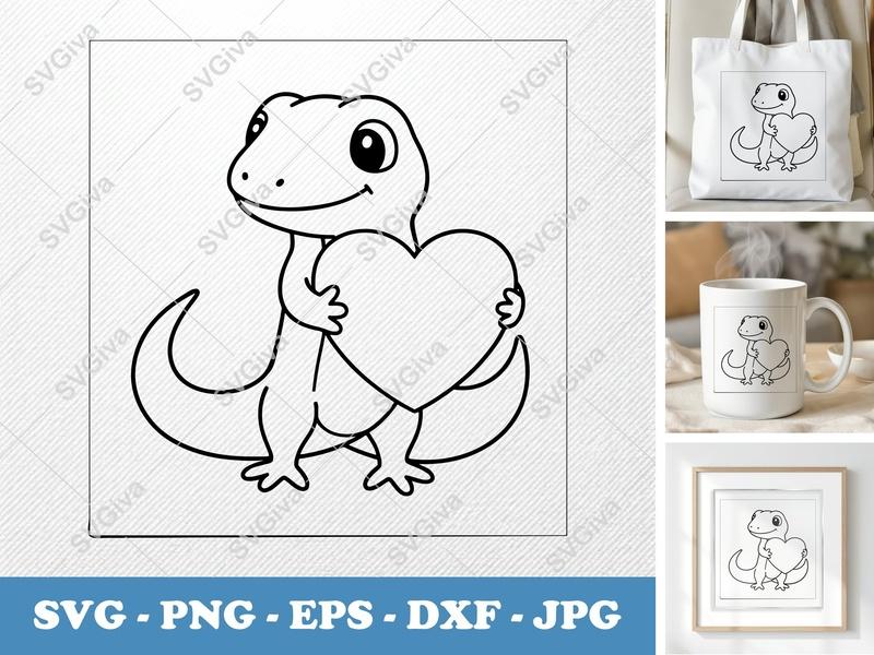 Lizard Holding Heart SVG | Friendly Rounded Body Bean-Shaped Cut File | PNG DXF EPS | Cricut Silhouette