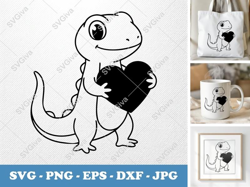 Lizard Holding Heart SVG | Minimalist Character Design | Bold Contour White Fill | PNG DXF EPS | Cricut Silhouette File