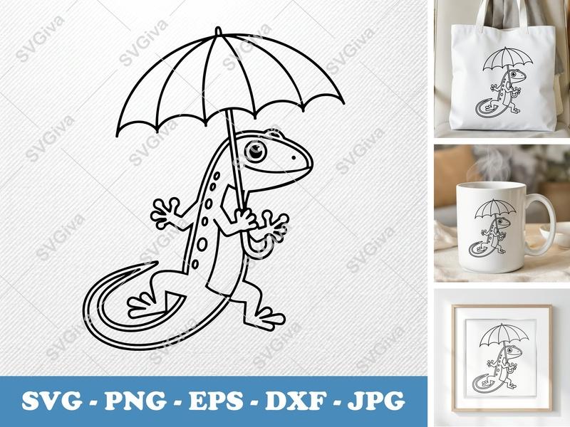 Lizard Holding Umbrella SVG | Double-Outline Minimalist Cut File | Thick Contour, Clean Space | PNG DXF EPS for Cricut & Silhouette