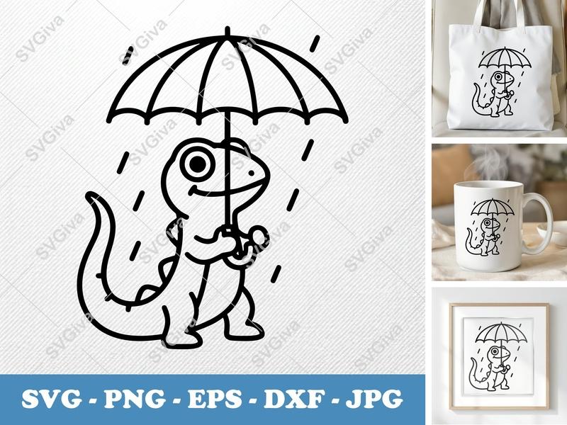 Lizard holding umbrella SVG PNG DXF EPS | Cricut Silhouette Cut File | Reptile Vector Art