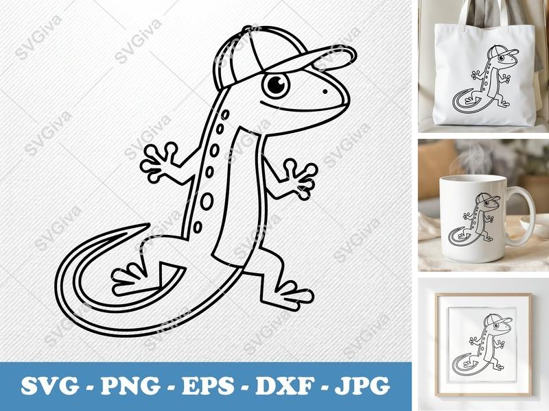 Lizard in a Cap SVG | Double-Outline Minimalist Cut File | Thick Contour Thin Lines | Cricut Silhouette | PNG DXF EPS