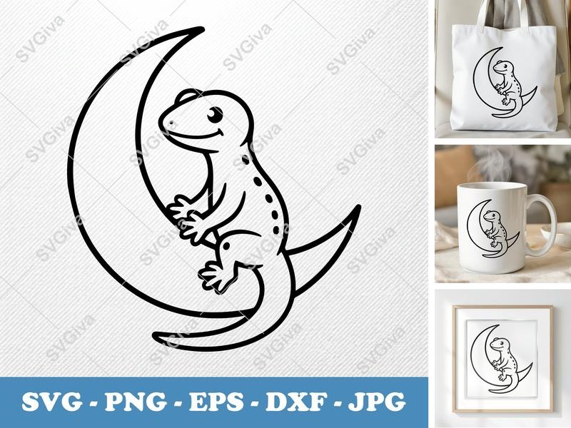 Lizard on Moon SVG, Cute Gecko Crescent Moon Cut File, Reptile Outline Art | PNG EPS DXF for Cricut Silhouette