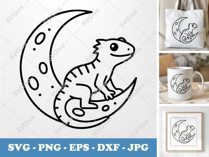 Lizard on Moon SVG | Minimalist Vector Cut File | Cricut Silhouette | Bold Outline PNG DXF EPS