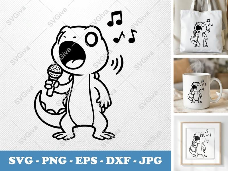 Lizard Singing SVG | Cartoon Minimalist Design | Bold Contour, Clean White Fill | PNG DXF EPS | Cricut Silhouette File