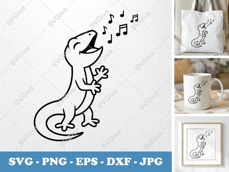 Lizard Singing SVG, Cartoon Reptile with Music Notes PNG EPS DXF, Cricut Silhouette Cut File, Modern Animal Clip Art Design