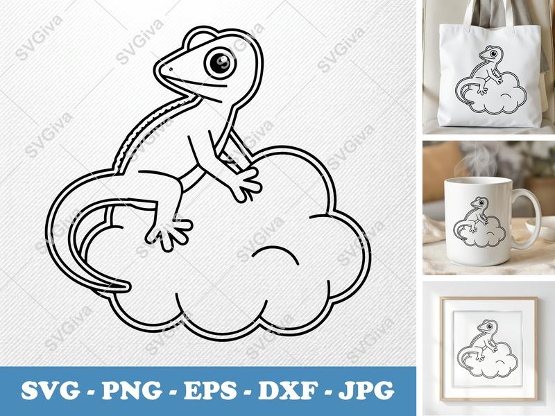 Lizard Sitting on Cloud SVG | Double-Outline Minimalist Cut File | Thick Contour Thin Lines | PNG DXF EPS | Cricut Silhouette Vector
