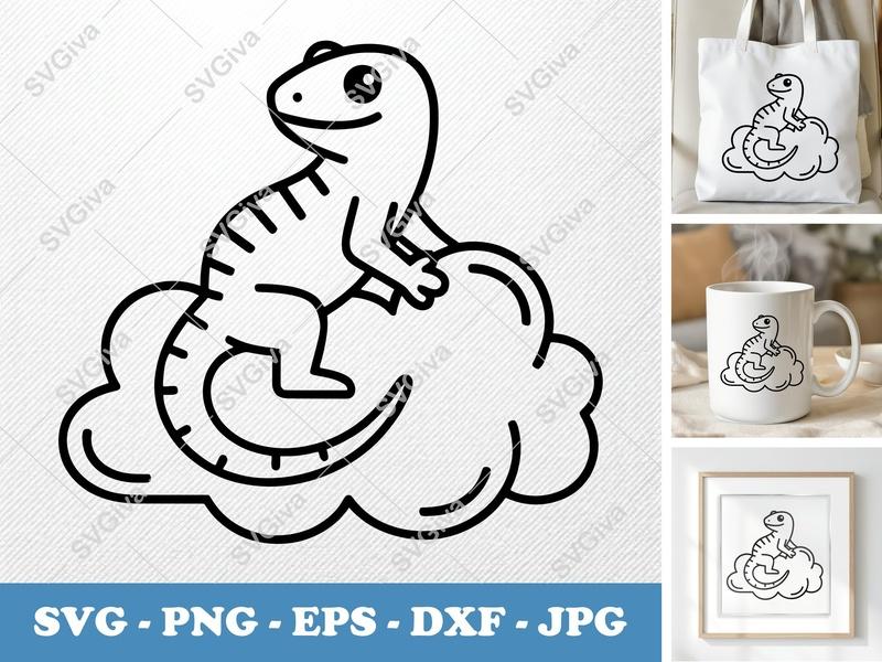 Lizard Sitting on Cloud SVG | Minimalist Character | Bold Contour PNG DXF EPS | Cricut Silhouette File