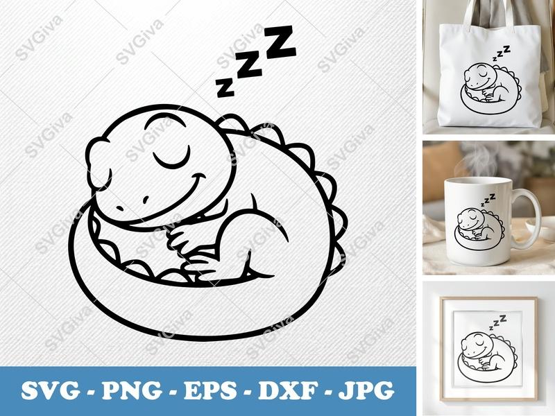 Lizard Sleeping SVG | Cartoon Simple Character Design | Bold Outline Cut File for Cricut, Silhouette | PNG DXF EPS