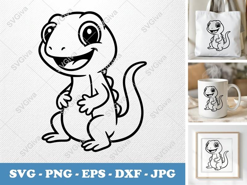 Lizard Smiling Happily SVG | Minimalist Character Cut File | Bold Contour PNG DXF EPS for Cricut Silhouette