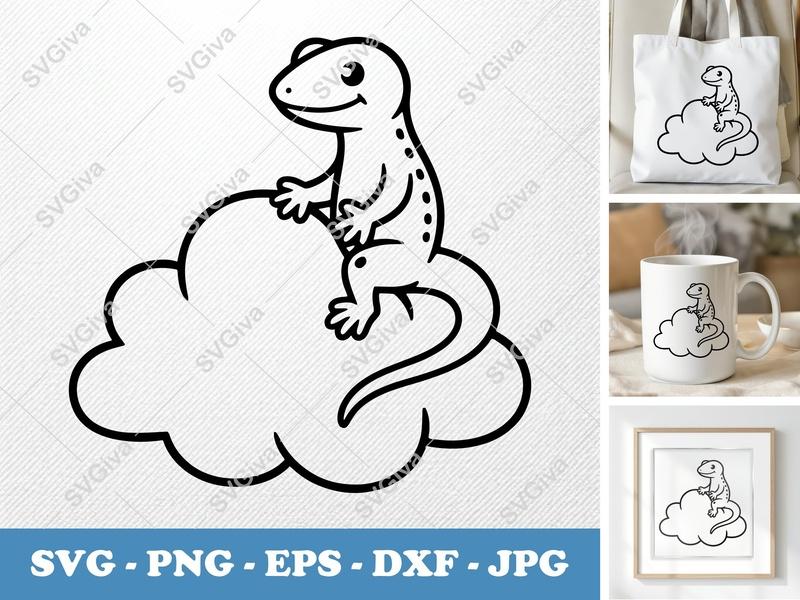 Lizard SVG Cut File, Cute Gecko on Cloud, Modern Reptile Clipart, PNG EPS DXF for Cricut & Silhouette