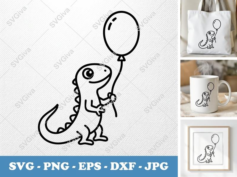 Lizard SVG | Cute Cartoon Lizard with Balloon | PNG EPS DXF for Cricut & Silhouette | Animal Birthday Clip Art Design