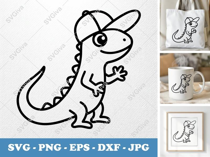 Lizard SVG | Cute Cartoon Lizard with Hat | Digital Cut File for Cricut, Silhouette | PNG, EPS, DXF Included