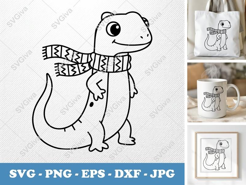 Lizard SVG | Cute Cartoon Lizard with Scarf | Animal Clipart PNG EPS DXF for Cricut & Silhouette