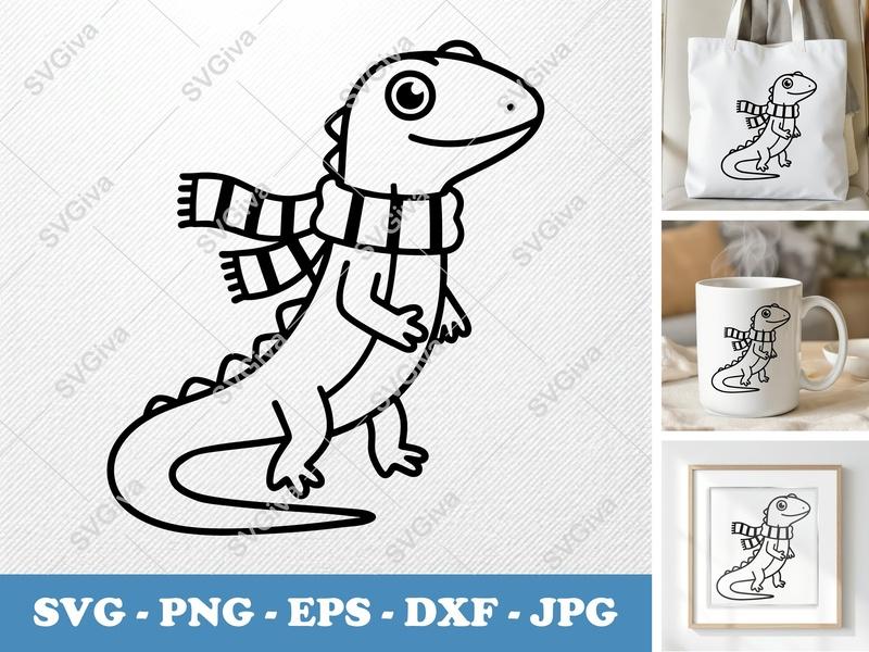 Lizard SVG, Cute Cartoon Scarf Animal Design, PNG EPS DXF | Cricut Silhouette Cut File, Modern Reptile Clipart