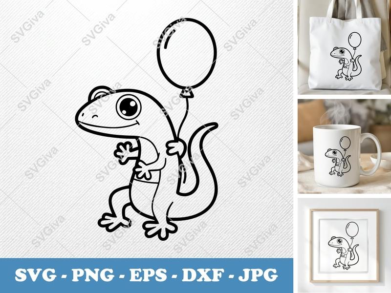 Lizard SVG | Cute Gecko with Balloon, Cartoon Animal Cut File | PNG EPS DXF for Cricut, Silhouette, Kids Crafts