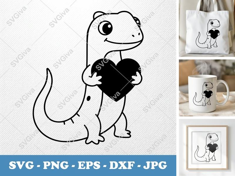 Lizard SVG | Cute Gecko with Heart Design | Love Reptile Clipart | PNG EPS DXF for Cricut Silhouette
