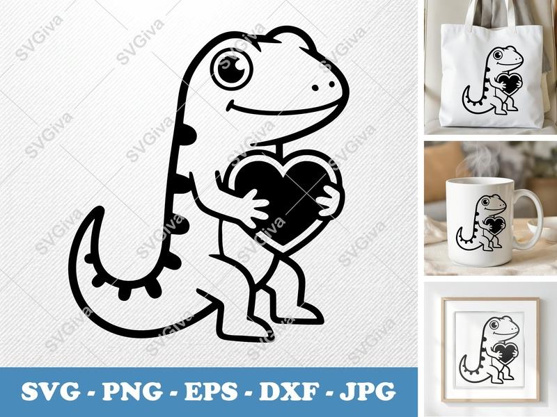 Lizard SVG | Cute Gecko with Heart Design | Salamander PNG EPS DXF | Cricut Silhouette Cut File