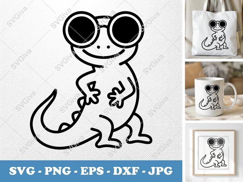 Lizard SVG | Cute Gecko with Sunglasses Cut File | Modern Animal Clipart PNG EPS DXF for Cricut, Silhouette