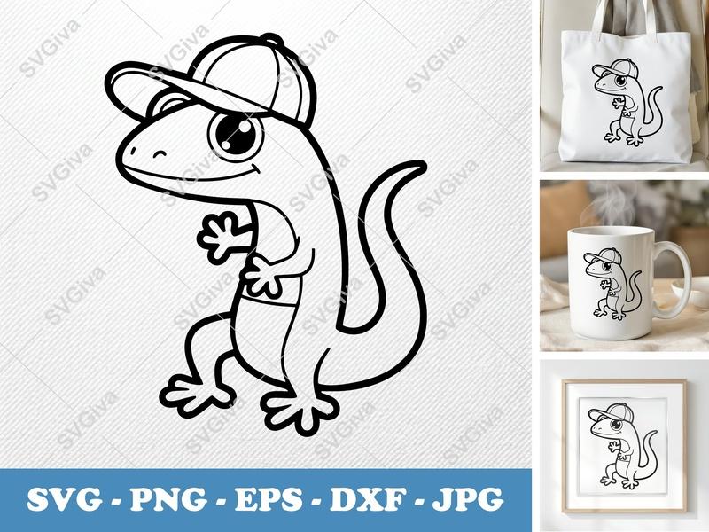 Lizard SVG, Cute Lizard with Hat, Cartoon Animal Line Art, Reptile Clipart, PNG EPS DXF for Cricut & Silhouette